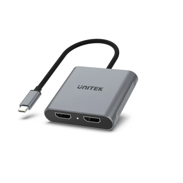 Thiết bị chia màn hình USB-C ra 2 HDMI Unitek V1404B góc nghiêng 3/4 thẩm mỹ, vỏ nhôm Space Grey gọn nhẹ portable cho laptop business