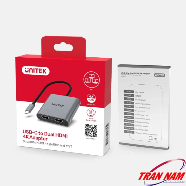 Hộp sản phẩm Adapter USB-C ra 2 HDMI Unitek V1404B kèm sách hướng dẫn 12 ngôn ngữ, hỗ trợ MST 3 màn hình, 4K@60Hz, cáp 15cm