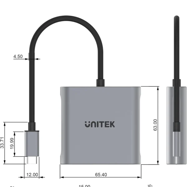Bản vẽ kỹ thuật kích thước chi tiết Cáp USB-C 2 HDMI Unitek V1404B — thân 63×65.4mm, đầu USB-C 33.71×12mm, cổng HDMI cách nhau 15mm, dày 16.4mm