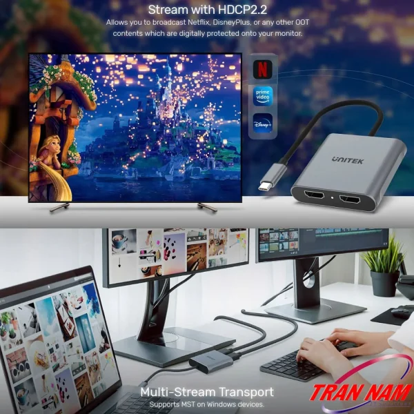 Sơ đồ ứng dụng Cáp USB Type-C ra 2 HDMI Unitek V1404B — phát Netflix, Disney+, Prime Video 4K HDCP 2.2 lên TV và extend 2 màn MST Windows