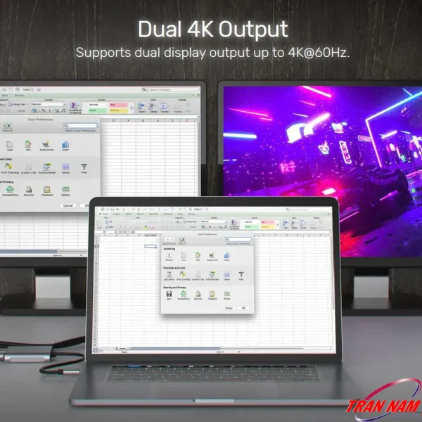 Demo thực tế Dual 4K Output 60Hz — laptop cắm Unitek V1404B chia ra 2 màn external độc lập: màn trái mở Excel work productivity, màn phải hiển thị nội dung 4K cyberpunk neon, mỗi màn nét sắc 4K@60Hz đồng thời