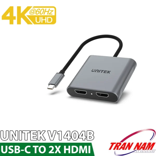 Cáp chuyển USB-C sang 2 cổng HDMI Unitek V1404B vỏ hợp kim nhôm Space Grey, hỗ trợ xuất 2 màn hình 4K@60Hz UHD chuẩn HDMI 2.0a