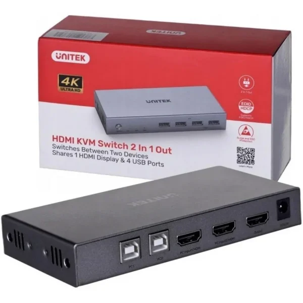 Combo hộp và thiết bị Bộ KVM HDMI Unitek V307A chính hãng — ảnh studio Unitek hiển thị hộp đỏ trắng 4K Ultra HD và mặt sau thiết bị với labels cổng PC1/PC2, HDMI Input1/2, Output, DC 5V