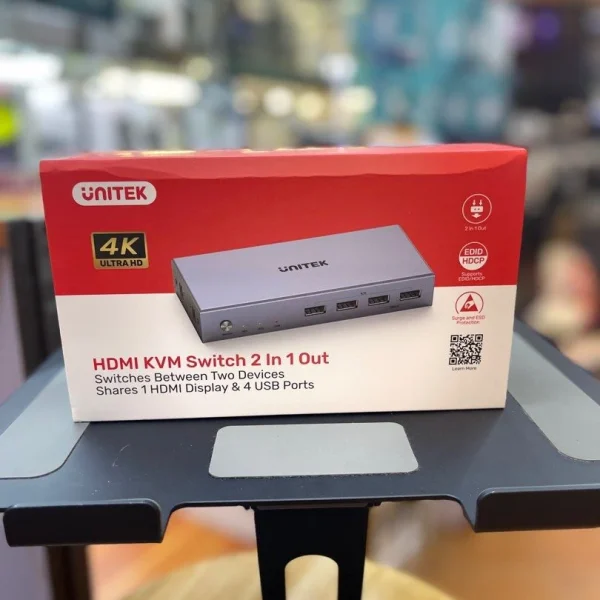 Hộp đóng gói Bộ KVM HDMI Unitek V307A chính hãng — 4K Ultra HD, 2 In 1 Out, EDID/HDCP, Surge & ESD Protection, có sẵn tại cửa hàng TranNamPC