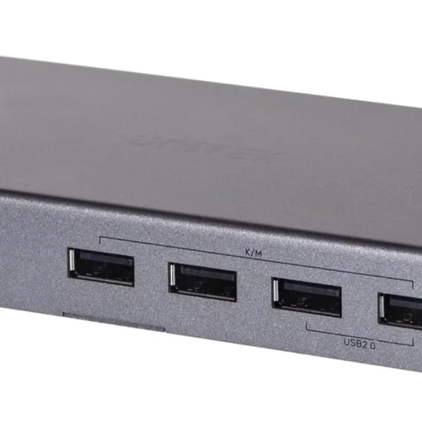 Mặt trước Bộ KVM HDMI Unitek V307A — nút SWITCH 1-click bên trái, 3 đèn LED PC1/PC2/PWR, 4 cổng USB-A (3 K/M + 1 USB 2.0), vỏ kim loại Space Grey có khe tản nhiệt