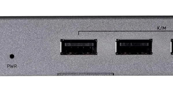 Cận cảnh mặt trước Bộ KVM Unitek V307A — labels rõ nét: nút SWITCH, 3 đèn LED PC1/PC2/PWR, 3 cổng USB-A nhóm K/M cho keyboard mouse và 1 cổng USB 2.0 General