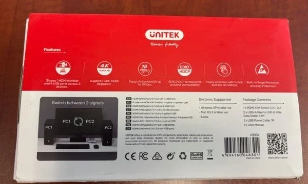 Mặt sau hộp Bộ KVM Unitek V307A — 6 tính năng: 4K@60Hz UHD, băng thông 18Gbps, EDID/HDCP, hotkey + 1-click button, Surge & ESD Protection, chia sẻ 1 màn hình HDMI và 4 USB cho 2 PC