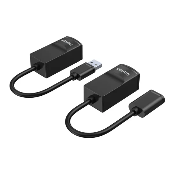 Bộ kéo dài USB Unitek Y-UE01001 góc nhìn cổng USB-A — đầu phát USB-A đực cắm máy tính và đầu nhận USB-A cái kết nối chuột bàn phím
