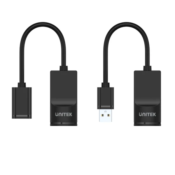 Bộ kéo dài USB Unitek Y-UE01001 nhìn từ phía trước — 2 module đối xứng đầu phát USB-A đực và đầu nhận USB-A cái, vỏ ABS đen kích thước 53x26x20mm