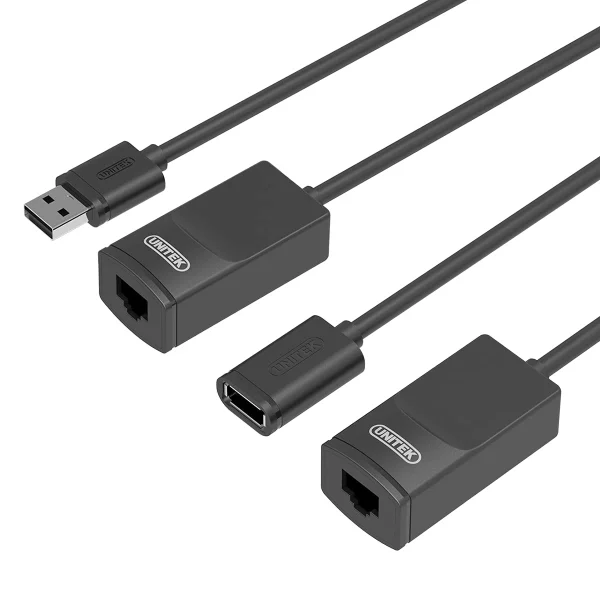 Bộ kéo dài USB Unitek Y-UE01001 góc nhìn cổng RJ45 — 2 cổng RJ45 cái đối xứng trên đầu phát và đầu nhận, kết nối qua cáp mạng Cat5e Cat6
