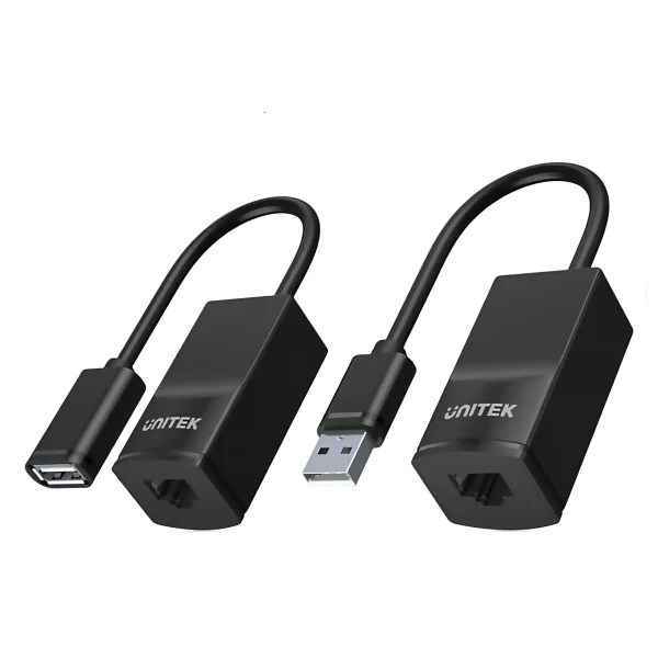 Cận cảnh 2 module bộ kéo dài USB Unitek Y-UE01001 — đầu phát USB-A đực kèm RJ45 cái và đầu nhận USB-A cái kèm RJ45 cái, vỏ ABS đen
