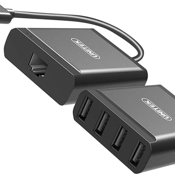 Bộ Khuếch Đại USB 2.0 Ra 4 Cổng Qua Cáp Mạng 60M Unitek Y-2516 1 Cận cảnh 2 module bộ khuếch đại USB 2.0 Unitek Y-2516 — bộ phát có USB-A đực và cổng RJ45 cái, bộ thu Hub 4 cổng USB-A 2.0 cái, vỏ nhựa kỹ thuật đen tản nhiệt