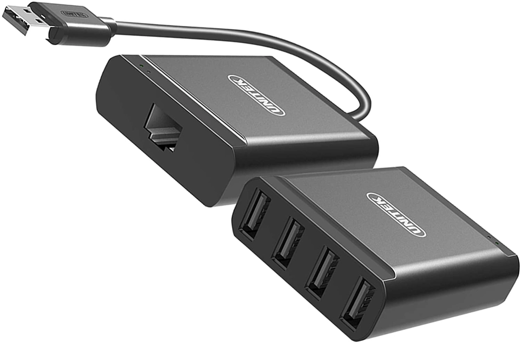 Bộ Khuếch Đại USB 2.0 Unitek Y-2516 — Bộ Phát và Bộ Thu Hub 4 Cổng Cận cảnh 2 module bộ khuếch đại USB 2.0 Unitek Y-2516 — bộ phát có USB-A đực và cổng RJ45 cái, bộ thu Hub 4 cổng USB-A 2.0 cái, vỏ nhựa kỹ thuật đen tản nhiệt