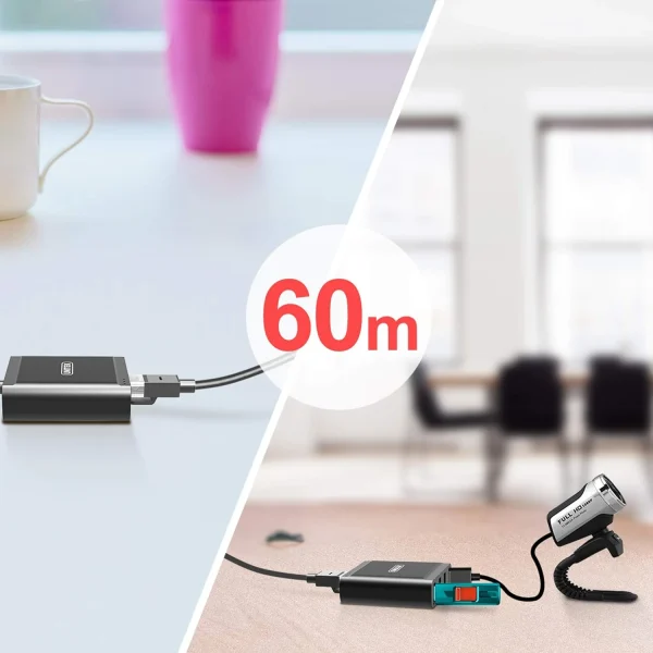 Bộ Khuếch Đại USB 2.0 Ra 4 Cổng Qua Cáp Mạng 60M Unitek Y-2516 5 Bộ khuếch đại USB Unitek Y-2516 minh hoạ khoảng cách 60m giữa 2 vị trí — bộ phát tại bàn làm việc cách bộ thu phòng họp cắm webcam Full HD 1080P và USB flash drive