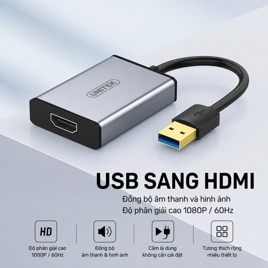 Banner 4 tính năng nổi bật cáp chuyển USB sang HDMI Unitek V428A — Full HD 1080P/60Hz, đồng bộ âm thanh hình ảnh, Plug-and-Play trên Windows, tương thích nhiều thiết bị