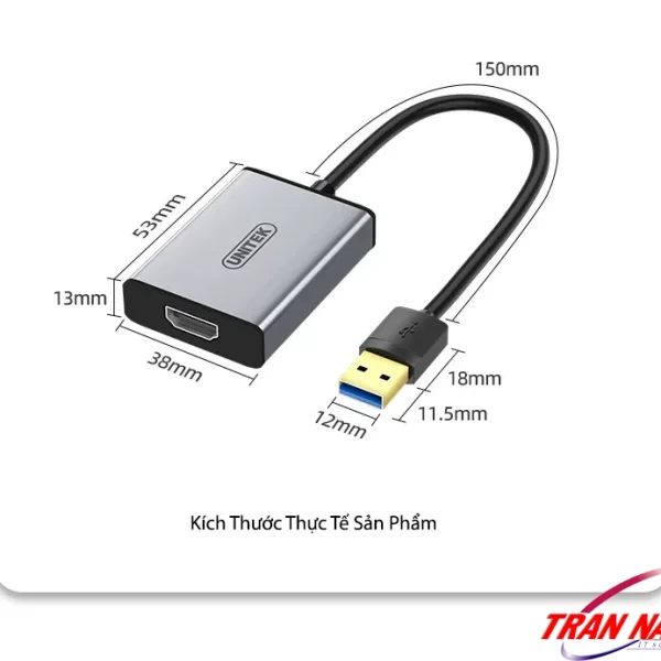 Sơ đồ kích thước thực tế cáp chuyển USB sang HDMI Unitek V428A — thân module 53x38x13mm, cáp 150mm, đầu USB-A 3.0 18x12x11.5mm, thiết kế nhỏ gọn dễ mang theo