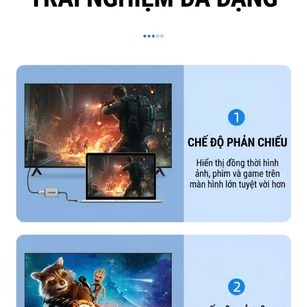 Cáp chuyển USB sang HDMI Unitek V428A hỗ trợ 2 chế độ — Phản chiếu Mirror hiển thị cùng nội dung 2 màn hình và Mở rộng Extend chia diện tích làm việc giữa laptop và màn hình ngoài