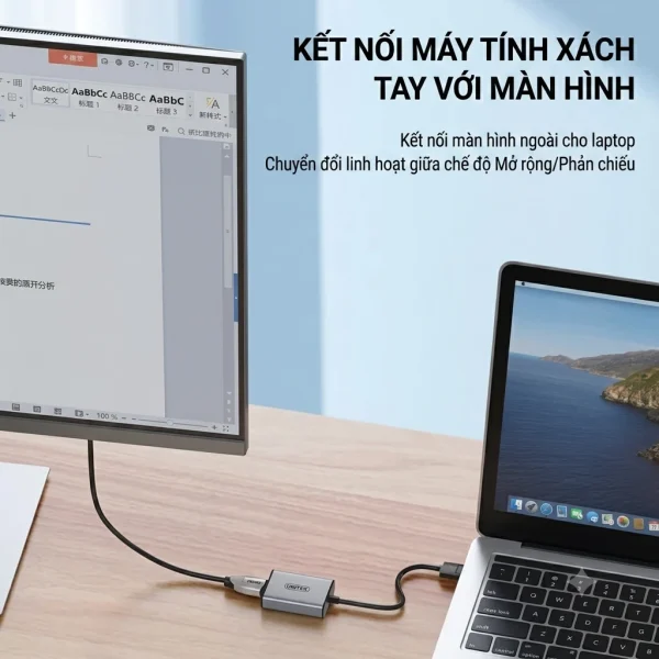 Cáp chuyển USB sang HDMI Unitek V428A kết nối laptop với màn hình ngoài tạo setup văn phòng dual monitor — chế độ Mở rộng hiển thị document trên màn hình phụ và wallpaper trên màn laptop