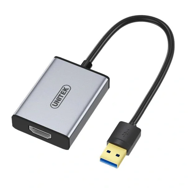 Cận cảnh cáp chuyển USB 3.0 sang HDMI Unitek V428A — vỏ hợp kim nhôm Titan xám phay xước, logo UNITEK in trên thân, đầu USB-A 3.0 chân mạ vàng và cổng HDMI cái
