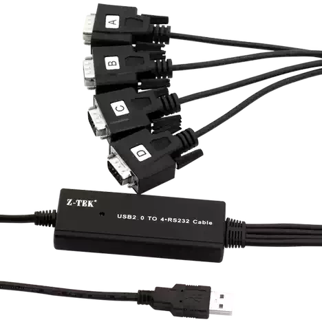 Cáp Z-TEK ZE791 có label A, B, C, D in trên 4 đầu DB9 male — giúp kỹ sư phân biệt 4 cổng vật lý và map cố định với COM number Windows gán, tránh nhầm cổng khi setup PLC, CNC Cáp Z-TEK ZE791 có label A, B, C, D in trên 4 đầu DB9 male — giúp kỹ sư phân biệt 4 cổng vật lý và map cố định với COM number Windows gán, tránh nhầm cổng khi setup PLC, CNC