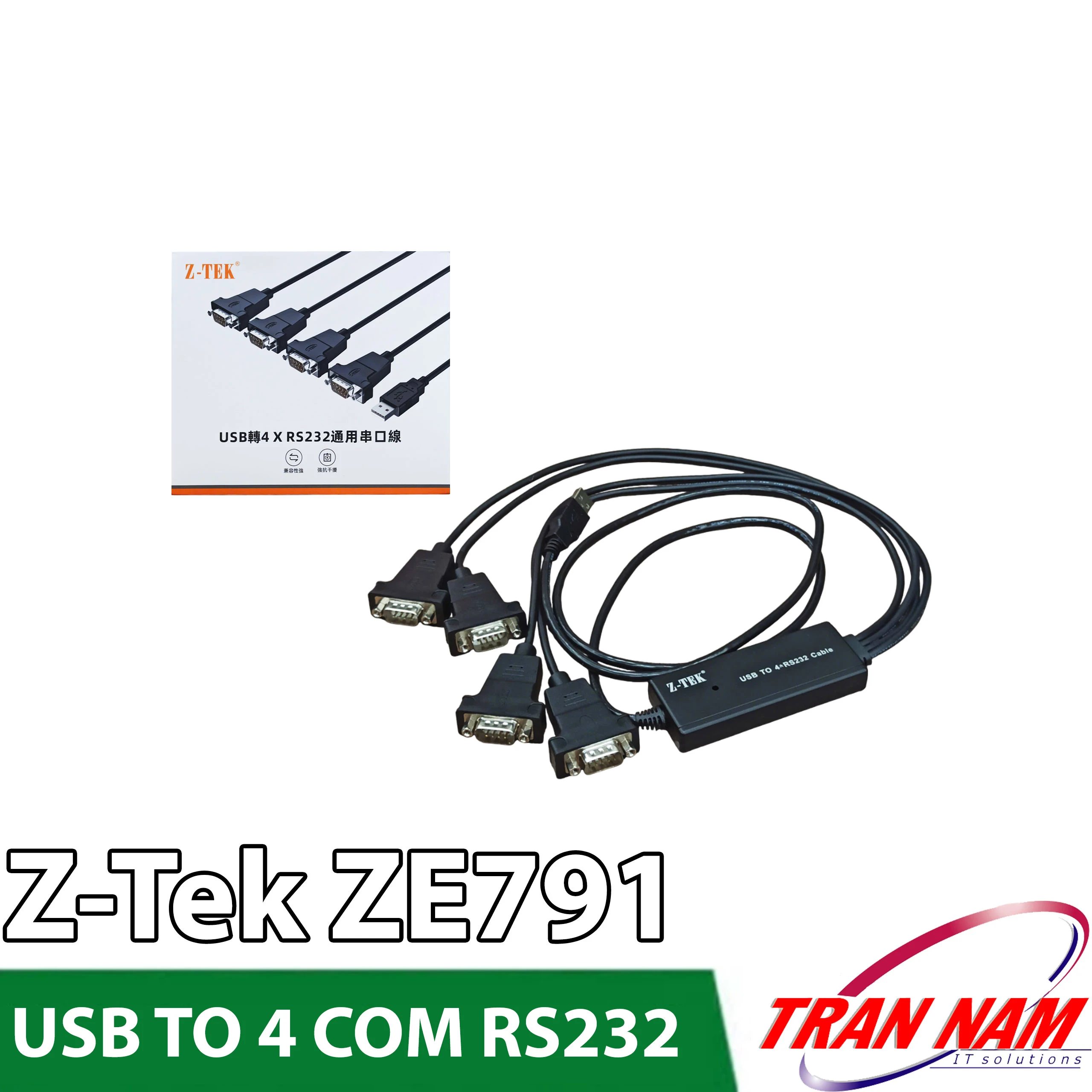 Cáp Chuyển USB Sang 4 Cổng COM RS232 DB9 Z-TEK ZE791 Cáp chuyển USB sang 4 cổng COM RS232 DB9 Z-TEK ZE791 — chip Prolific PL2303, 4 đầu DB9 male, USB bus-powered cho máy CNC, PLC, POS thuế, mã vạch