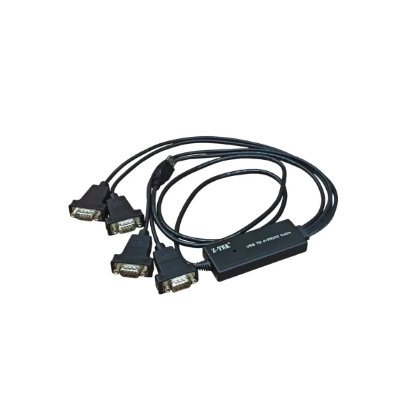 Cáp Chuyển USB Sang 4 Cổng COM RS232 DB9 Z-TEK ZE791 4 Cáp Z-TEK ZE791 trải phẳng studio — thể hiện chiều dài cáp đủ linh hoạt, hub box Z-TEK USB TO 4*RS232 Cable, 4 đầu DB9 male xoè rộng, đầu USB-A 2.0 cấp nguồn