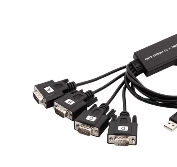 Cáp Chuyển USB Sang 4 Cổng COM RS232 DB9 Z-TEK ZE791 1 Toàn cảnh cáp Z-TEK ZE791 góc studio — hub box trung tâm chip Prolific PL2303, 4 đầu DB9 male label A B C D xếp bậc thang, đầu USB-A 2.0 cấp nguồn bus-powered