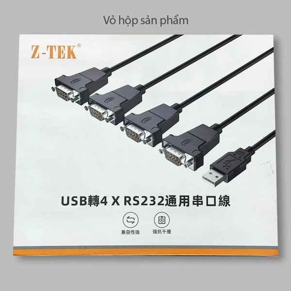 Vỏ Hộp Sản Phẩm Cáp Z-TEK ZE791 Chính Hãng Vỏ hộp sản phẩm cáp Z-TEK ZE791 chính hãng — bao bì in logo Z-TEK, hình 4 cáp DB9 male, ghi 2 USP tương thích mạnh và chống nhiễu mạnh, trust signal cho khách industrial mua nguyên đai