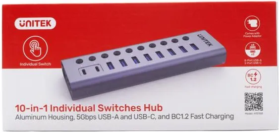 Bao Bì Đóng Gói Chính Hãng Unitek H1315B01 Bao bì đóng gói chính hãng Unitek H1315B01 — hub 10-in-1, công tắc riêng từng cổng, BC1.2 sạc nhanh