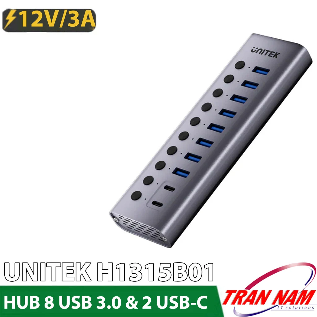 Bộ Chia Cổng Hub 10 Cổng USB 3.0 Unitek H1315B01 (1) Hub 10 cổng USB Unitek H1315B01, 8 USB-A và 2 USB-C, mỗi cổng có công tắc riêng, nguồn 12V/3A