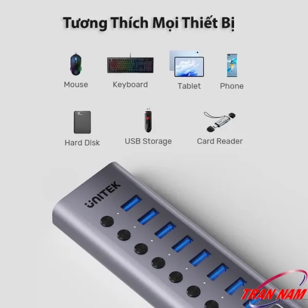 Bộ Chia Cổng Hub 10 Cổng USB 3.0 Unitek H1315B01- Có Công Tắc,Nguồn Phụ 12V3A ( 8 Cổng USB-A & 2 Cổng Type-C) 9 Unitek H1315B01 tương thích chuột, bàn phím, tablet, điện thoại, ổ cứng, USB, đầu đọc thẻ
