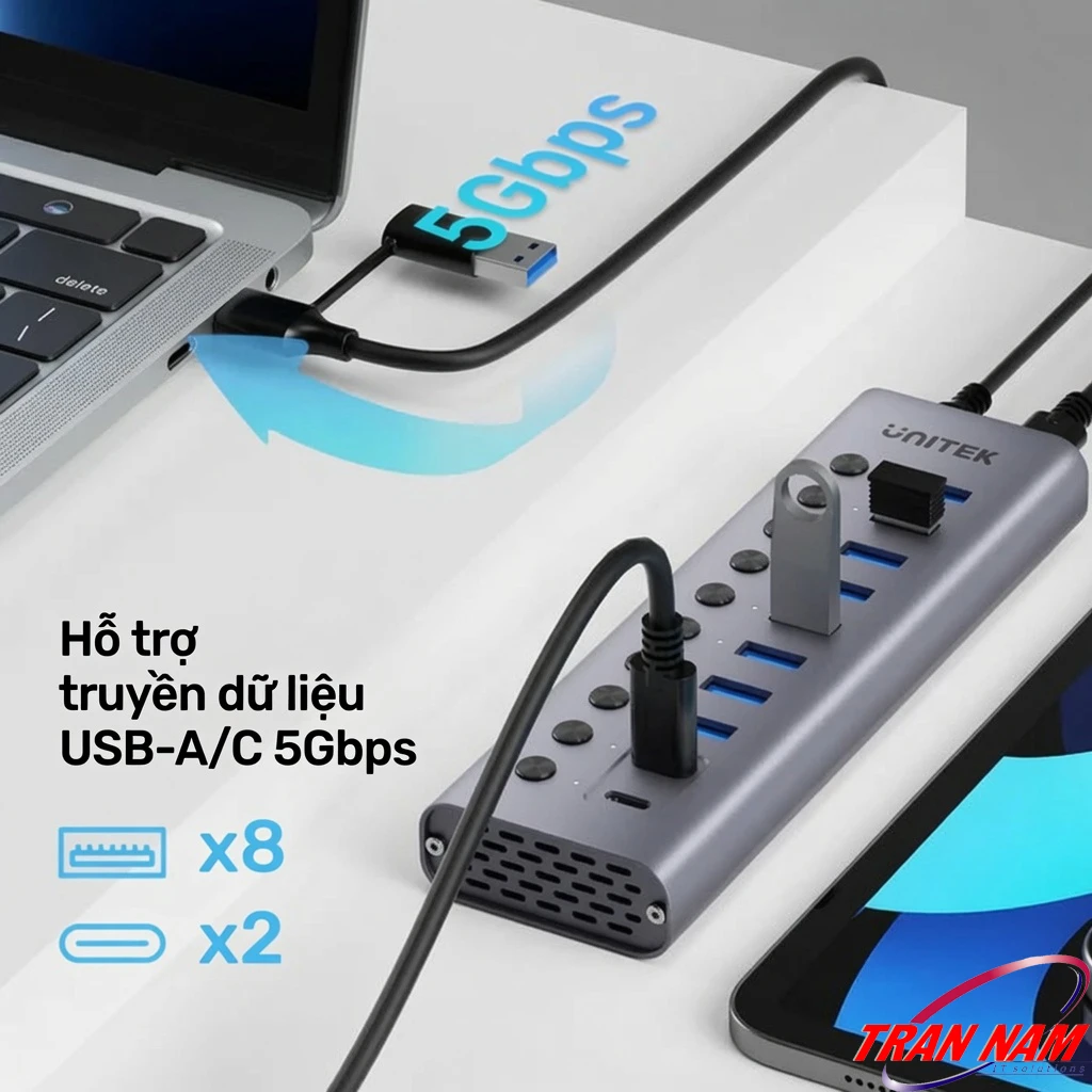 Tốc Độ 5Gbps Đa Thiết Bị Unitek H1315B01 Unitek H1315B01 truyền dữ liệu 5Gbps trên cả USB-A và USB-C, cắm đồng thời nhiều thiết bị