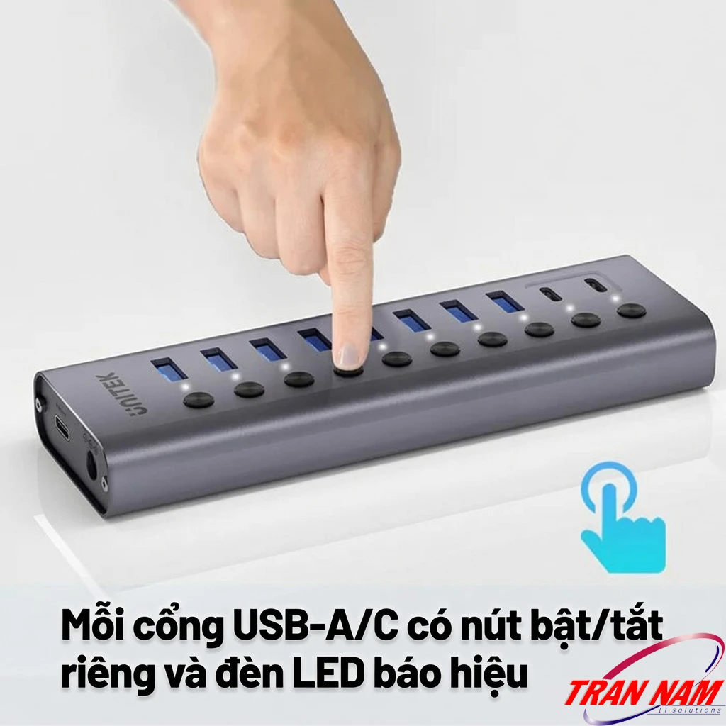 Nút Bật/Tắt Riêng Từng Cổng Unitek H1315B01 Tay bấm nút bật/tắt riêng từng cổng Unitek H1315B01, đèn LED sáng báo hiệu trạng thái