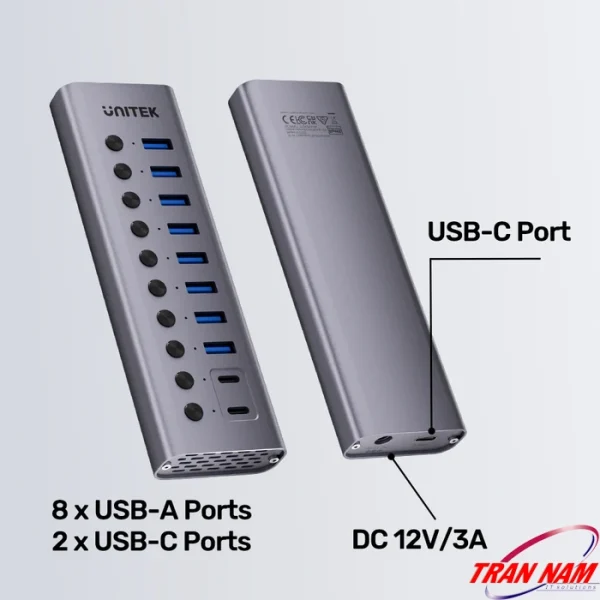 Bộ Chia Cổng Hub 10 Cổng USB 3.0 Unitek H1315B01- Có Công Tắc,Nguồn Phụ 12V3A ( 8 Cổng USB-A & 2 Cổng Type-C) 3 Sơ đồ Unitek H1315B01: mặt trước 8 cổng USB-A và 2 cổng USB-C, mặt sau cổng Host USB-C và nguồn DC 12V/3A