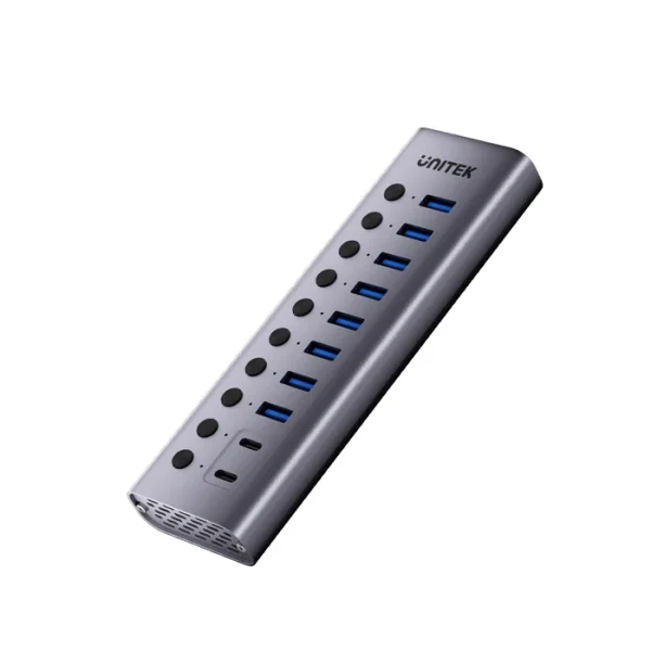 Bộ Chia Cổng Hub 10 Cổng USB 3.0 Unitek H1315B01- Có Công Tắc,Nguồn Phụ 12V3A ( 8 Cổng USB-A & 2 Cổng Type-C) 2 Hub 10 cổng Unitek H1315B01 vỏ nhôm, ảnh sản phẩm nền trắng sạch không text overlay