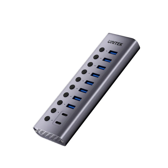 Bộ Chia Cổng Hub 10 Cổng USB 3.0 Unitek H1315B01 (7) Hub 10 cổng Unitek H1315B01 vỏ nhôm, ảnh sản phẩm nền trắng sạch không text overlay
