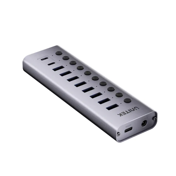Bộ Chia Cổng Hub 10 Cổng USB 3.0 Unitek H1315B01- Có Công Tắc,Nguồn Phụ 12V3A ( 8 Cổng USB-A & 2 Cổng Type-C) 1 Unitek H1315B01 góc nhìn khác, nhãn Host và cổng nguồn hiện rõ cạnh cuối thân hub