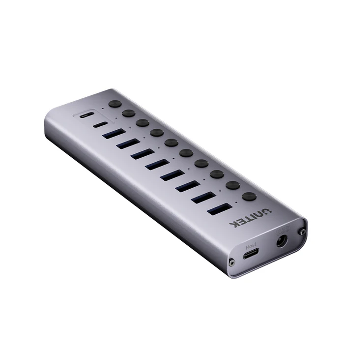 Bộ Chia Cổng Hub 10 Cổng USB 3.0 Unitek H1315B01 (8) Unitek H1315B01 góc nhìn khác, nhãn Host và cổng nguồn hiện rõ cạnh cuối thân hub
