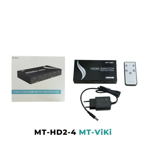 Hộp và phụ kiện đầy đủ bộ chia chuyển mạch HDMI MT-VIKI HD2-4 — thân máy, remote 3 nút, adapter nguồn DC 5V