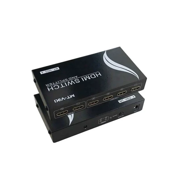 Thiết kế vỏ kim loại MT-VIKI HD2-4 nhìn nghiêng, lộ rõ 2 cổng HDMI vào và 4 cổng HDMI ra phía sau