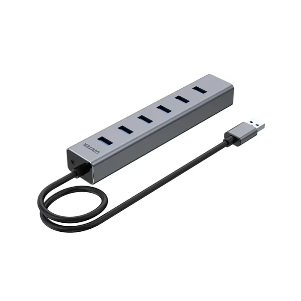 Bộ Chia USB 7 Cổng USB 3.0 Vỏ Nhôm Unitek Y-3090(EU)- Hỗ Trợ Nguồn Phụ 5V2A 1 Hub USB Y-3090 EU Unitek góc nghiêng, cáp USB-A cuộn gọn, 7 cổng vỏ nhôm bạc