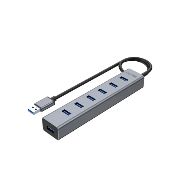 Bộ Chia USB 7 Cổng USB 3.0 Vỏ Nhôm Unitek Y-3090(EU)- Hỗ Trợ Nguồn Phụ 5V2A 3 Hub USB 3.0 7 cổng Unitek Y-3090 EU vỏ nhôm bạc, cáp cuộn gọn, ảnh sản phẩm nền trắng sạch