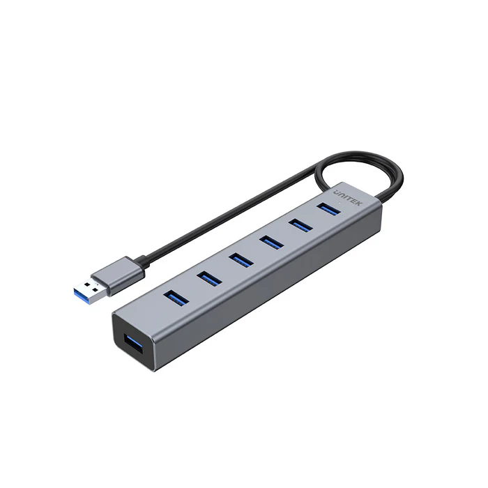 Bộ Chia USB 7 Cổng USB 3.0 Vỏ Nhôm Unitek Y-3090 (2) Hub USB 3.0 7 cổng Unitek Y-3090 EU vỏ nhôm bạc, cáp cuộn gọn, ảnh sản phẩm nền trắng sạch