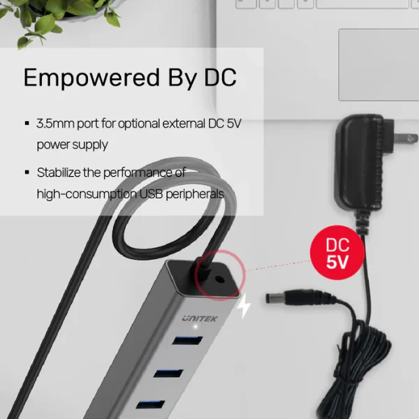 Bộ Chia USB 7 Cổng USB 3.0 Vỏ Nhôm Unitek Y-3090(EU)- Hỗ Trợ Nguồn Phụ 5V2A 6 Cổng nguồn DC 5V rời trên Unitek Y-3090 EU — ổn định hiệu năng khi cắm thiết bị USB tốn điện