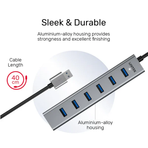 Bộ Chia USB 7 Cổng USB 3.0 Vỏ Nhôm Unitek Y-3090(EU)- Hỗ Trợ Nguồn Phụ 5V2A 4 Vỏ hợp kim nhôm bền chắc và cáp dài 40cm của Unitek Y-3090 EU, 7 cổng USB 3.0