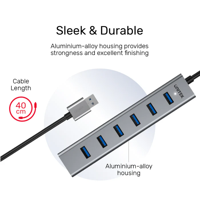 Vỏ Nhôm Và Cáp 40cm Unitek Y-3090 EU Vỏ hợp kim nhôm bền chắc và cáp dài 40cm của Unitek Y-3090 EU, 7 cổng USB 3.0