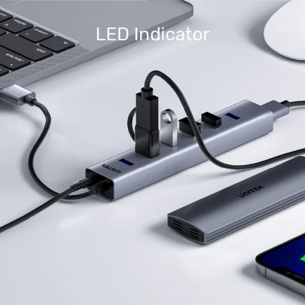 Bộ Chia USB 7 Cổng USB 3.0 Vỏ Nhôm Unitek Y-3090(EU)- Hỗ Trợ Nguồn Phụ 5V2A 5 Hub Unitek Y-3090 EU đèn LED báo trạng thái, cắm đồng thời USB, ổ SSD ngoài và sạc điện thoại