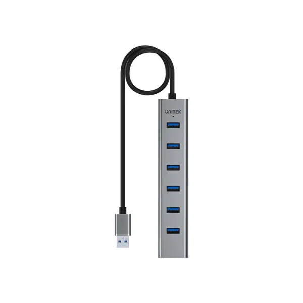 Bộ Chia USB 7 Cổng USB 3.0 Vỏ Nhôm Unitek Y-3090(EU)- Hỗ Trợ Nguồn Phụ 5V2A 2 Unitek Y-3090 EU nhìn chính diện, đầu cắm USB-A rõ nét, đèn LED xanh từng cổng