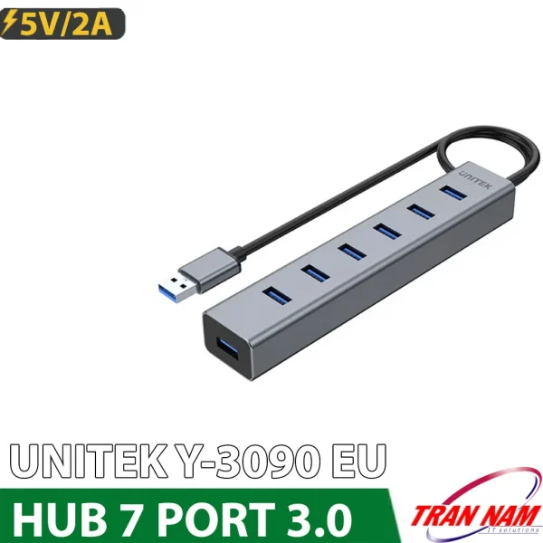 Bộ chia USB 7 cổng USB 3.0 vỏ nhôm Unitek Y-3090 EU, cáp liền 40cm, nguồn 5V/2A