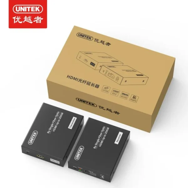 Bao bì đóng gói chính hãng Unitek V165A HDMI quang, ghi rõ 1080P 60Hz, 20KM, không cần driver